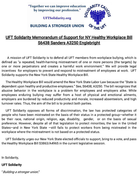 450-UFT Solidarity Memorandum of Support NYHW